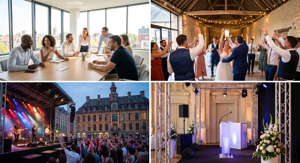 Montage ou collage visuel montrant quatre scènes représentatives d'événements différents : une scène de team building professionnel en intérieur avec des participants en train de collaborer autour d'une table, une célébration festive avec des participants dansant et levant les bras, une scène de concert en direct avec artiste sur scène et public, et un détail de décoration événementielle (podium, structures, éclairage). Les images doivent être des photographies réelles de qualité professionnelle, dynamiques et colorées, juxtaposées pour créer une mosaïque qui symbolise la diversité et la polyvalence des événements gérés par l'agence.